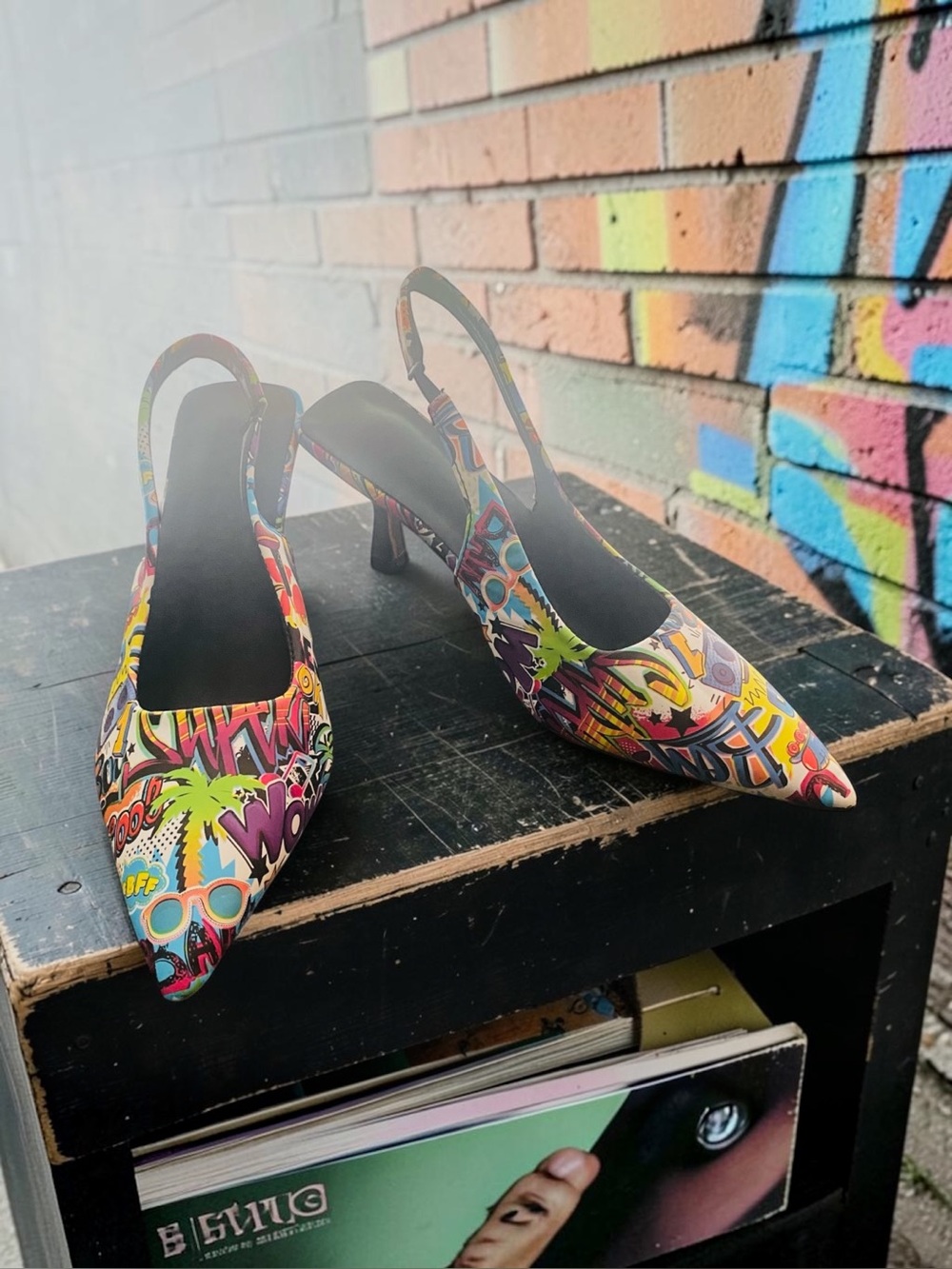 Multicolor Graffiti Pointed Toe Slingback Kitten Heels
